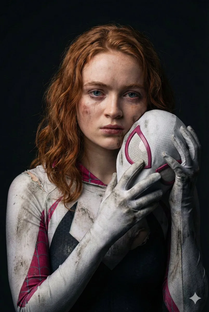 Gritty Cinematic Portrait of Sadie Sink as Injured Ghost-Spider - Nano Banana Pro AI Prompt for Portrait / Selfie reference