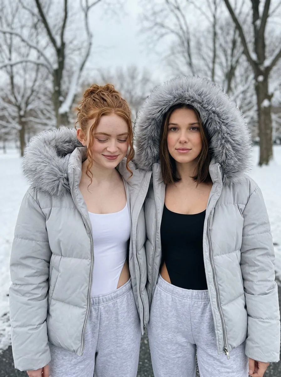 Intimate Winter Street Fashion Portrait Prompt (Sadie Sink & Millie Bobby Brown) - Nano Banana Pro AI Prompt for Social Media Post reference
