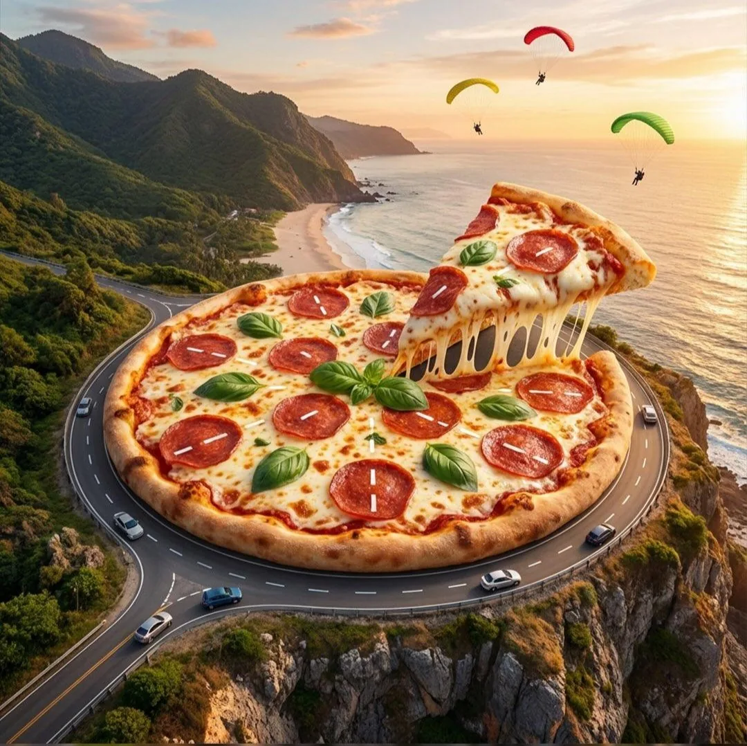 Surreal Pizza Landscapes and Cyberpunk Cars - Nano Banana Pro AI Prompt for Social Media Post reference