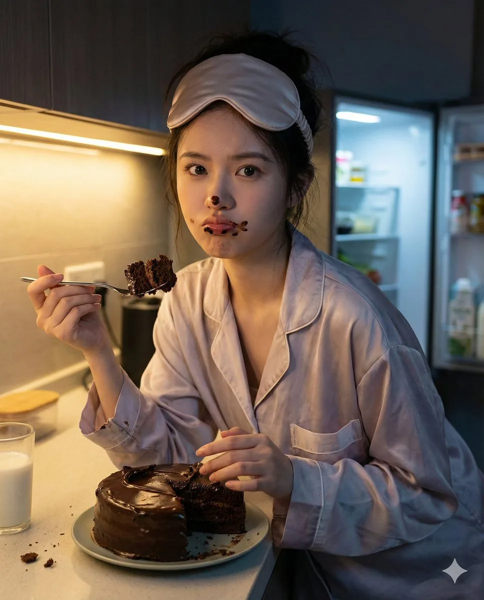 Nano Banana Pro Hyper-Realistic Midnight Snack Portrait Prompt - Nano Banana Pro AI Prompt for Social Media Post reference