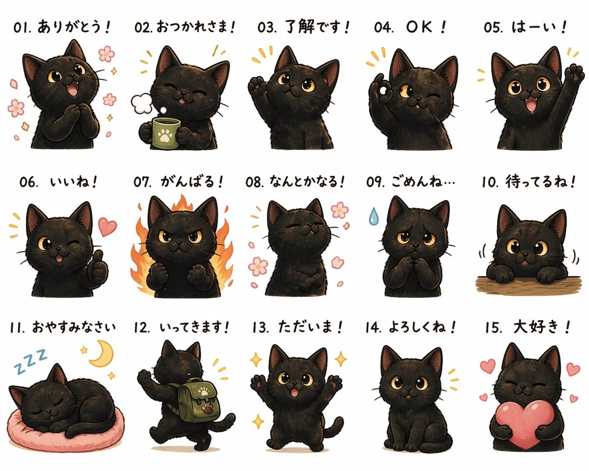 Cute Black Cat Japanese Sticker Sheet reference