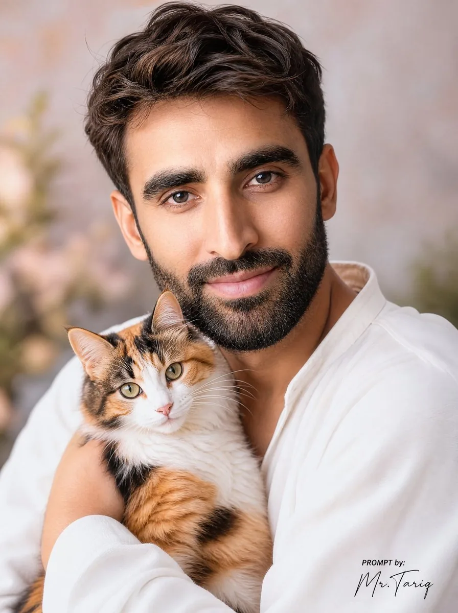 Dreamy Man Holding Calico Cat Portrait reference