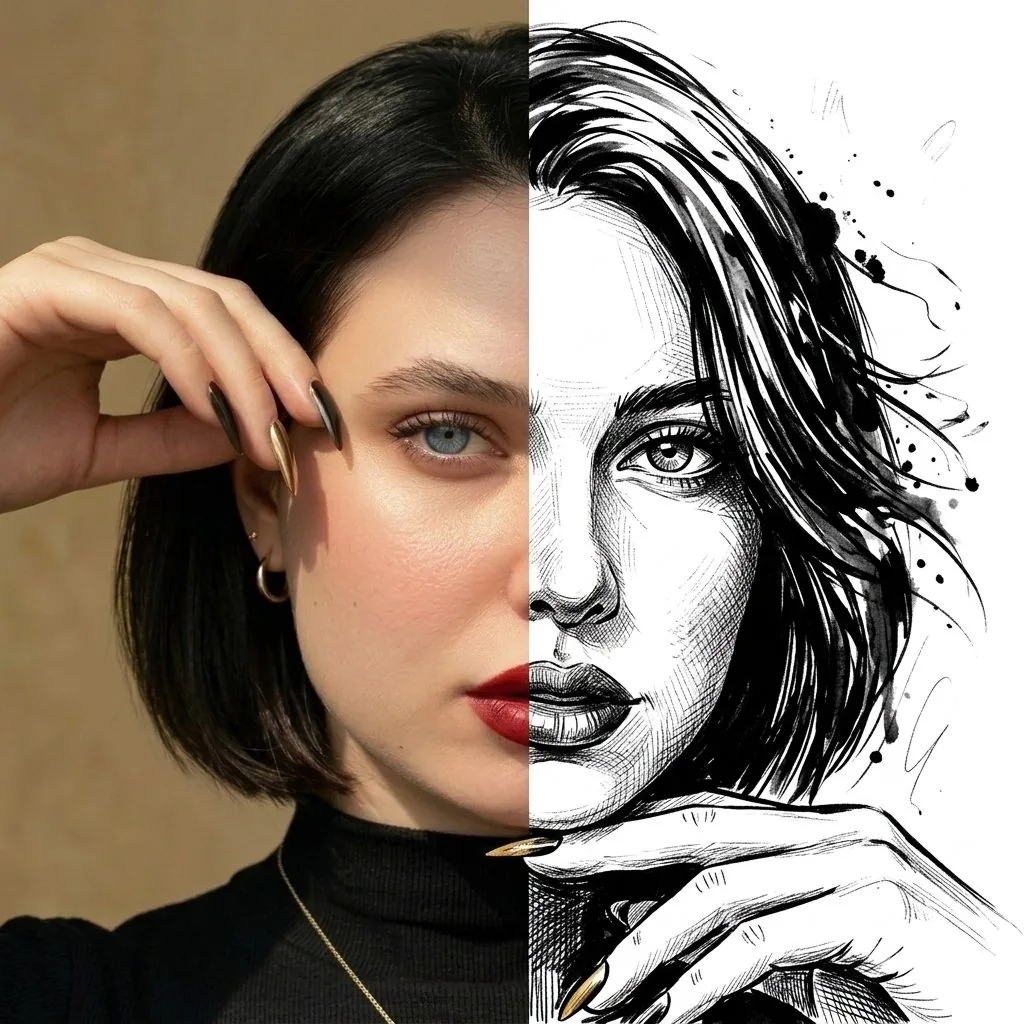 Split Face Photo and Ink Illustration reference