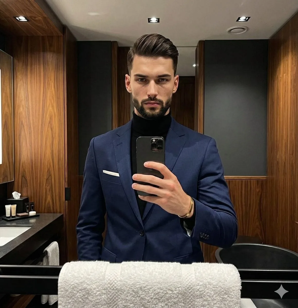 Moody Luxury Lifestyle Portrait of a Man in a Navy Suit - Nano Banana Pro AI Prompt for Social Media Post reference