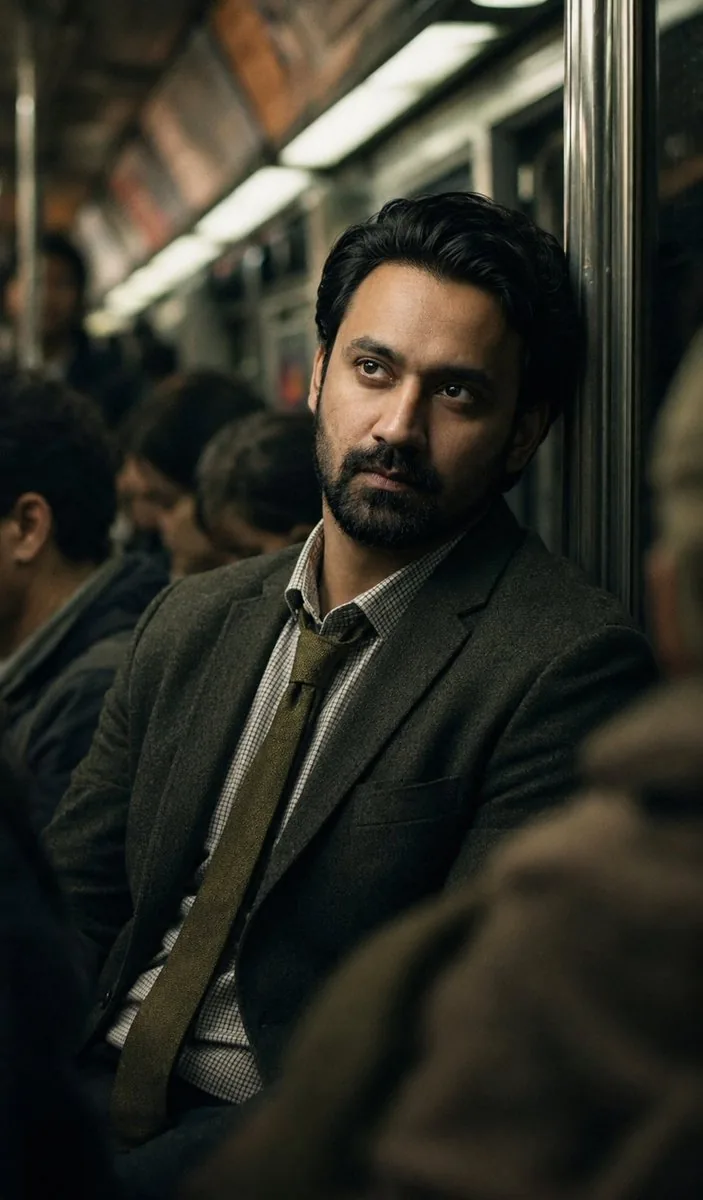 Melancholic Subway Commuter Portrait reference