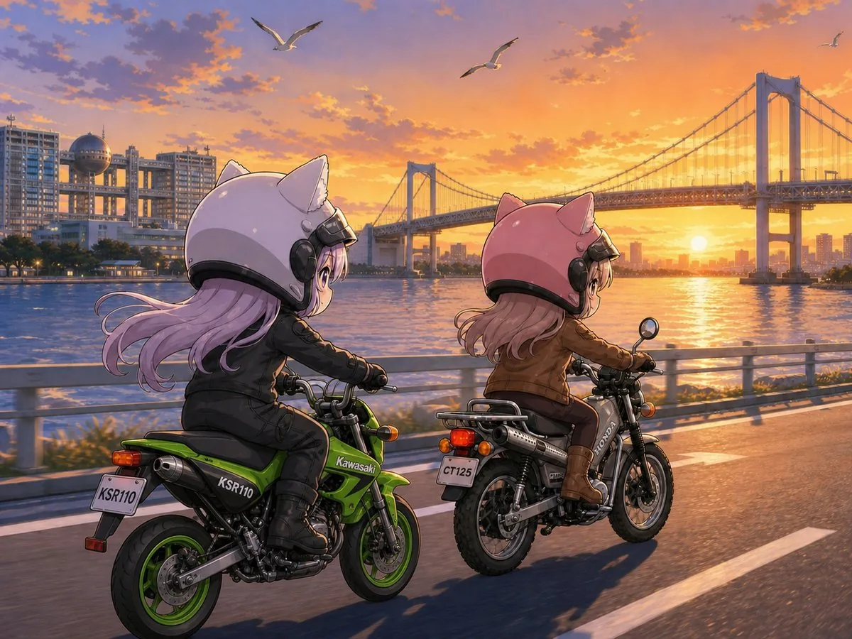 Cat-Eared Riders at Tokyo Bay Sunset reference