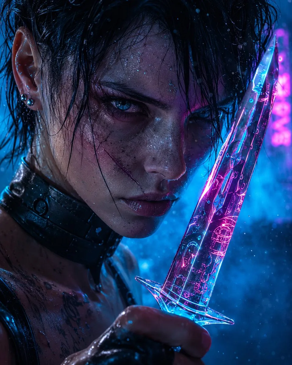 Cyberpunk Assassin With Neon Glass Dagger reference