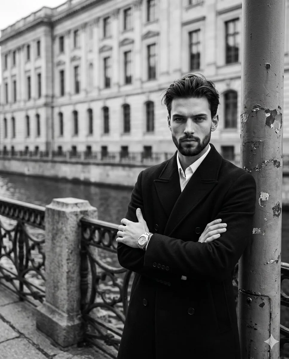 Monochromatic Film Noir Male Portrait - Nano Banana Pro AI Prompt for Social Media Post reference