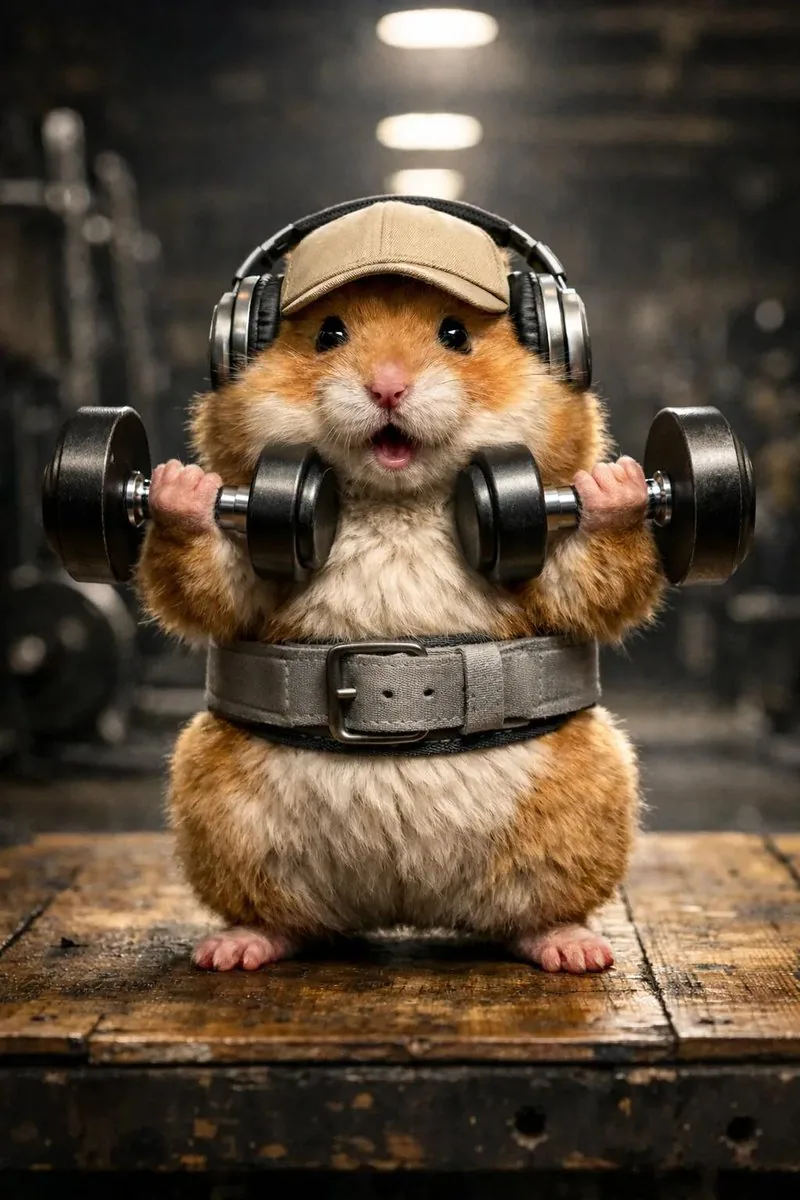 Hyper-Detailed Hamster Weightlifting Cinematic Scene reference