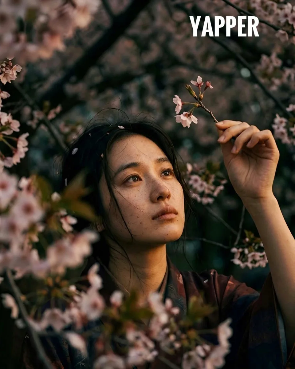 Japanese woman in vintage kimono under cherry blossoms reference