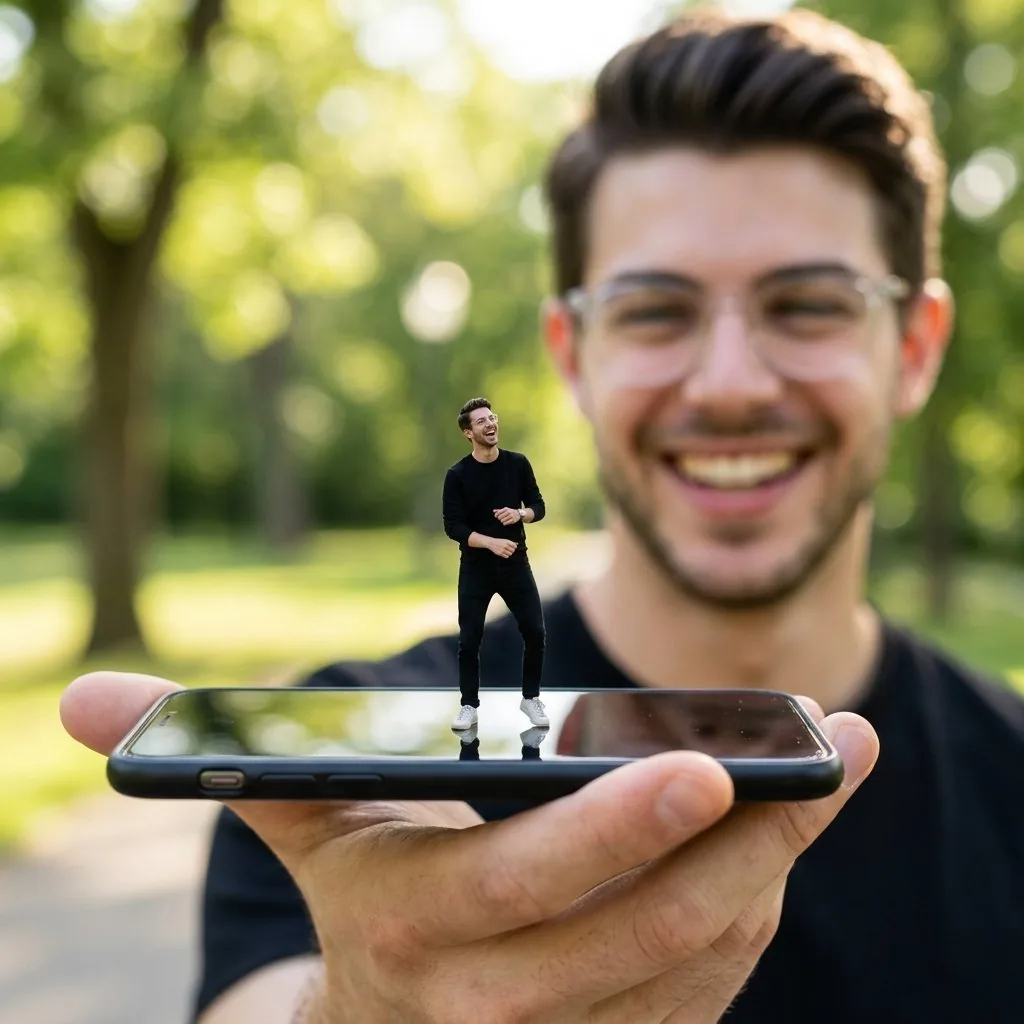 Forced Perspective Miniature Self on Smartphone Screen reference