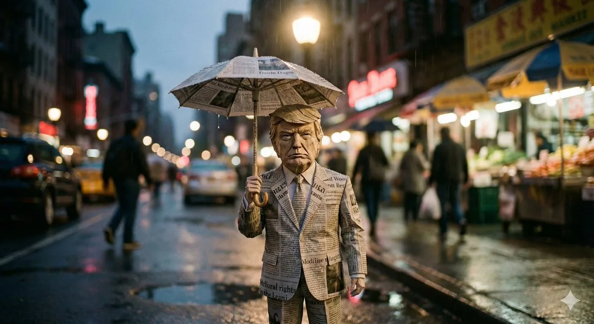 Cinematic Still-Life of Paper Celebrity Figure in Rain reference
