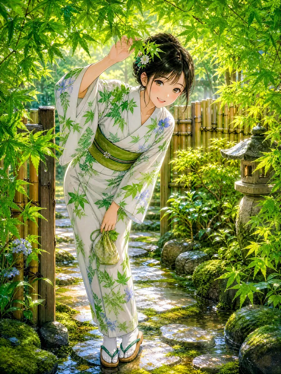 Rainy Maple Garden Kimono Scene reference