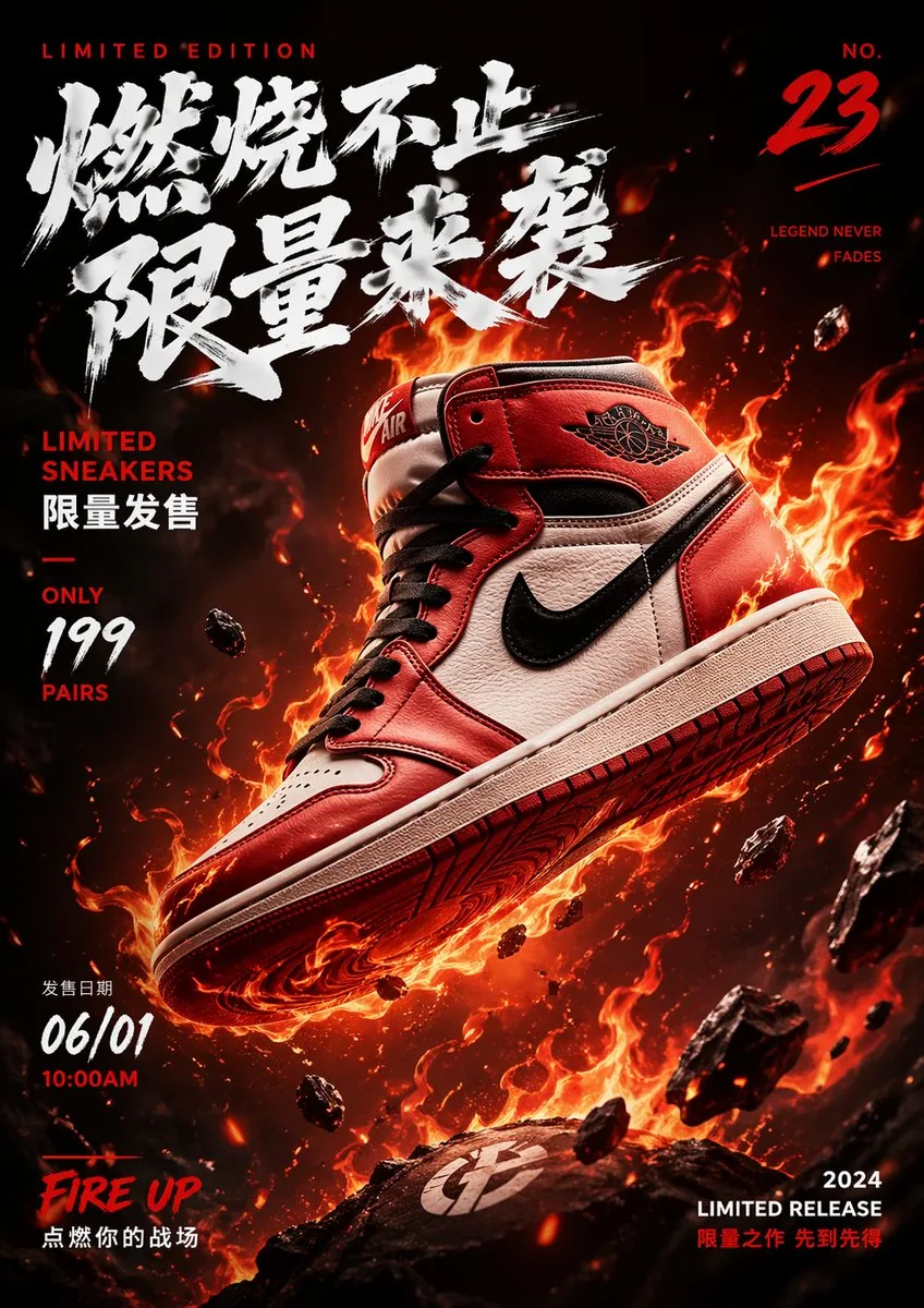 Floating Sneakers Fire Poster reference