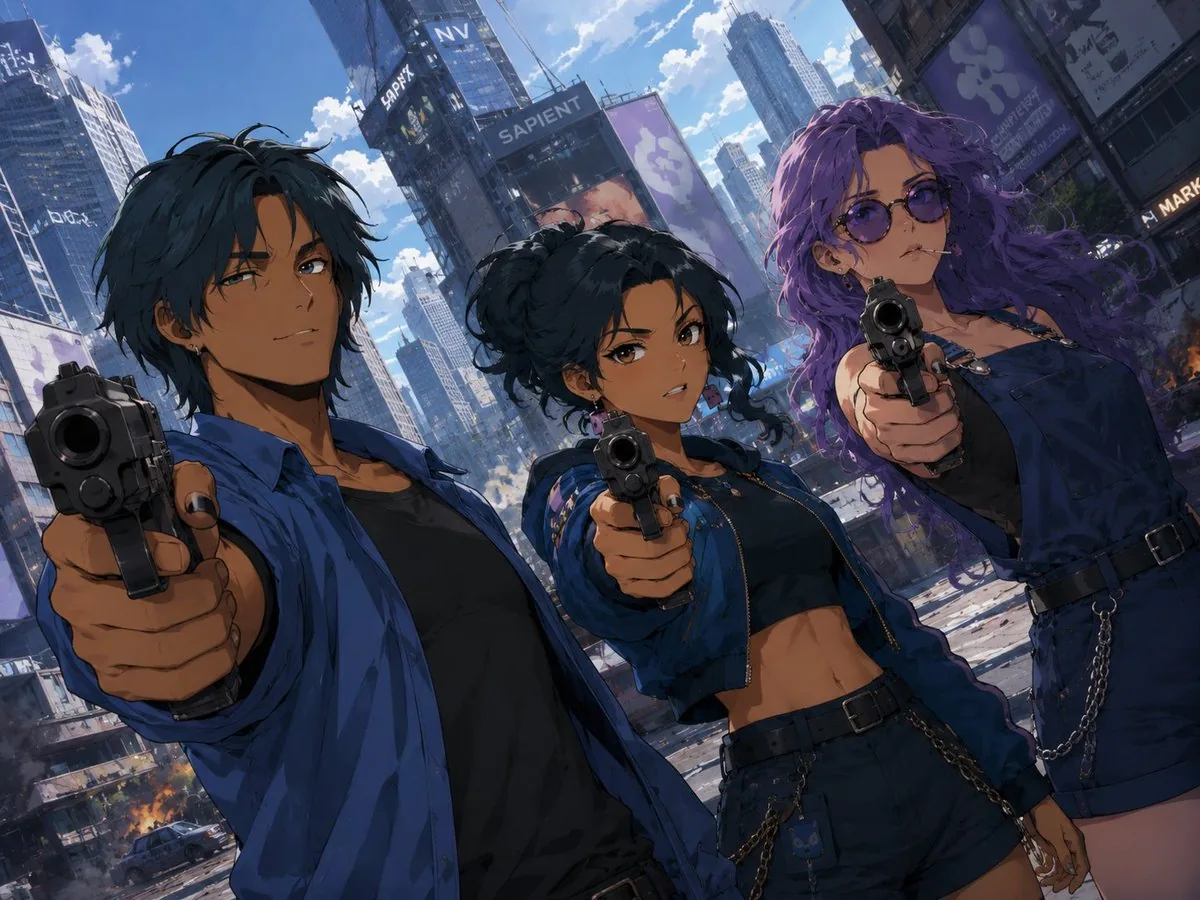 Cyberpunk Trio Gunpoint Scene reference