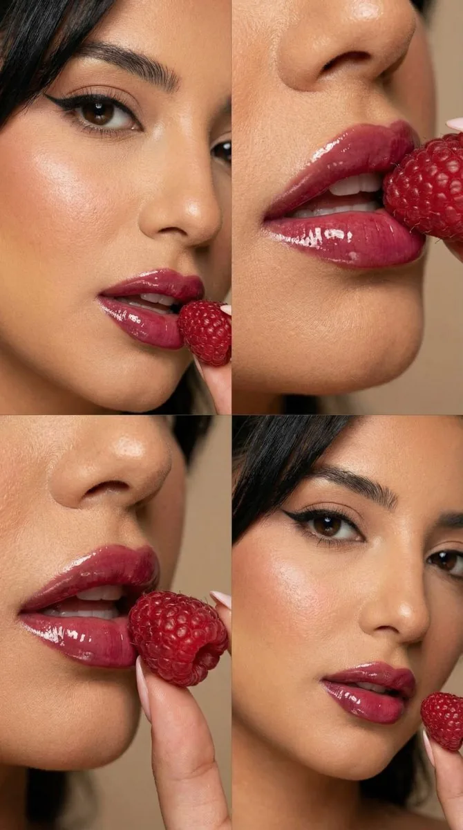 Raspberry Gloss Macro Editorial Grid Prompt - Nano Banana Pro AI Prompt for Product Marketing reference