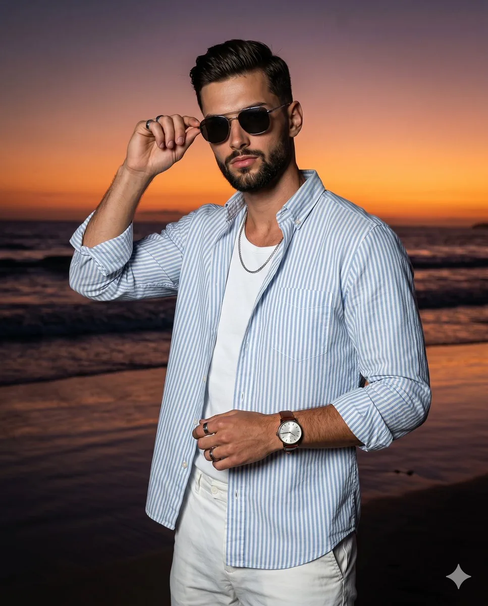Confident Sunset Beach Portrait - Nano Banana Pro AI Prompt for Social Media Post reference