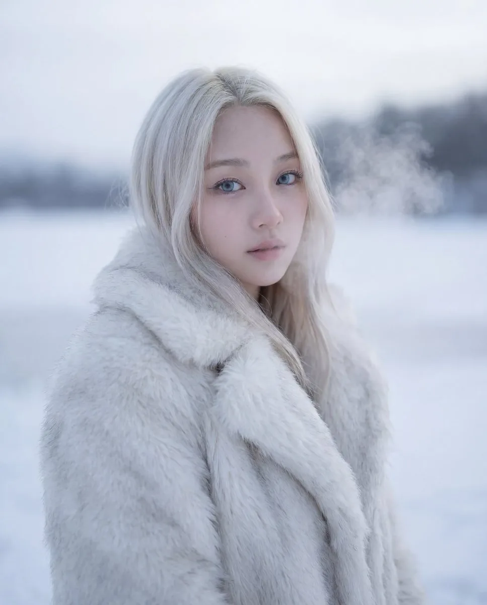 Cinematic Platinum Blonde Winter Portrait reference