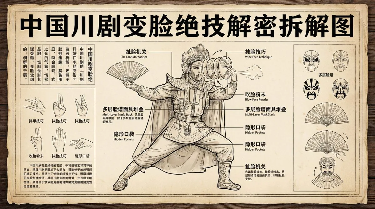 Sichuan opera face-changing technique infographic reference