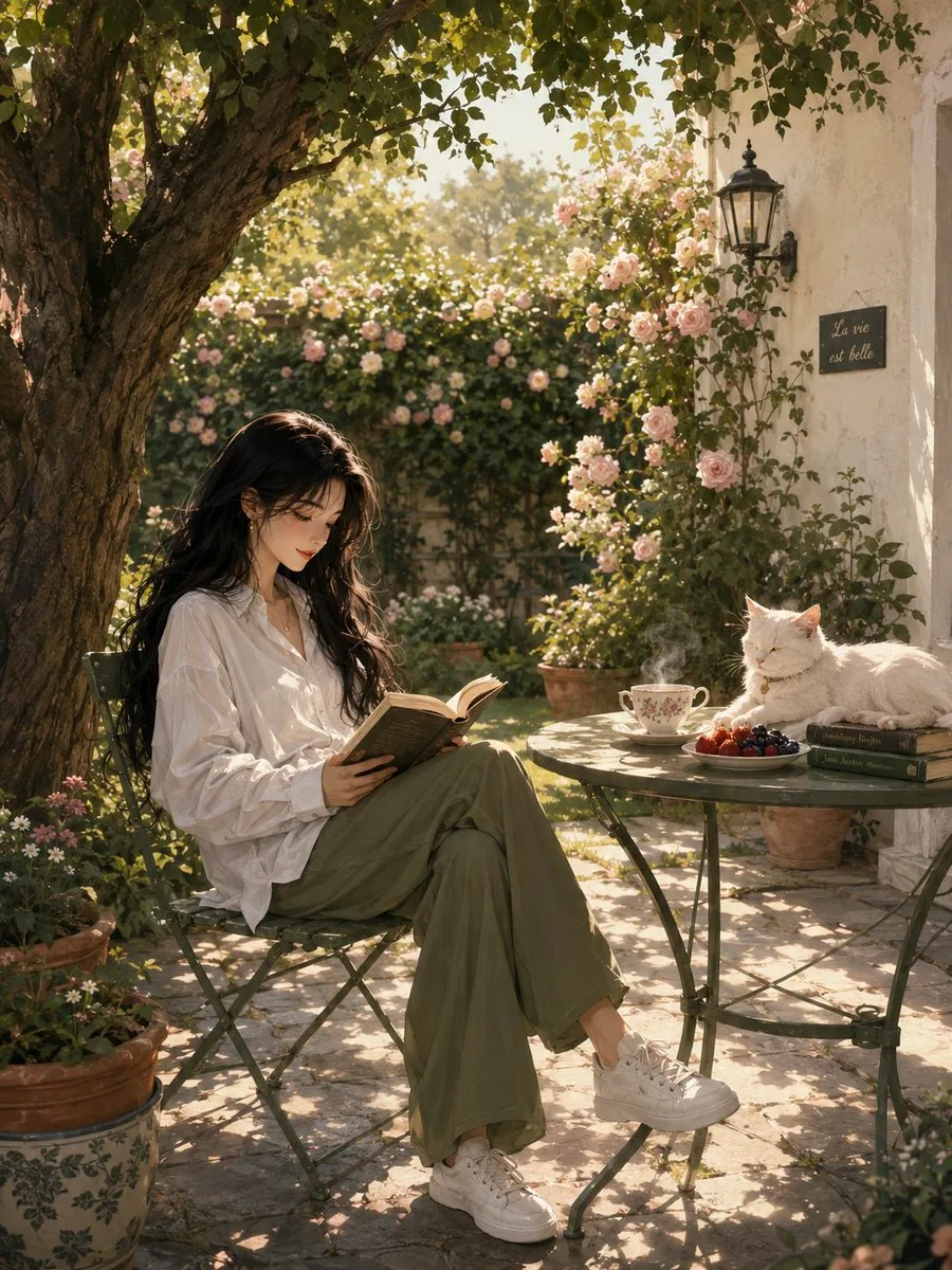 Serene Sunlit Garden Reading Scene reference