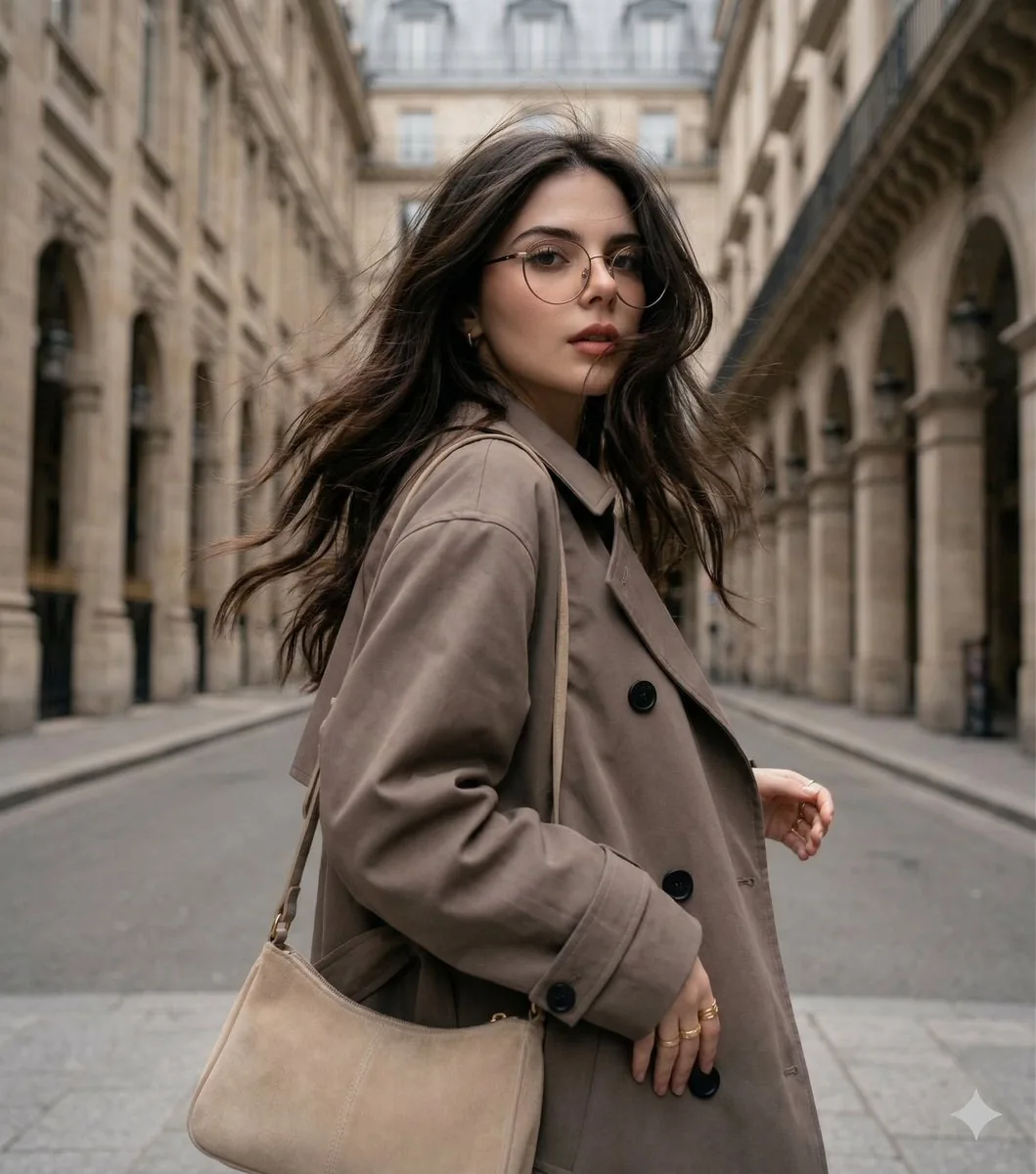 Windswept woman in a trench coat in a European street reference