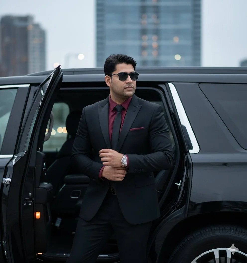 Hyper-Realistic Indian Man Exiting Luxury SUV reference