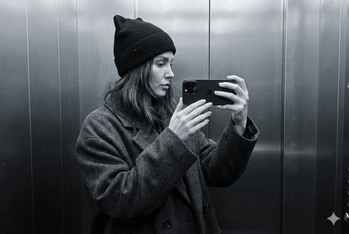Monochrome Elevator Mirror Selfie with Cat-Ear Hat reference