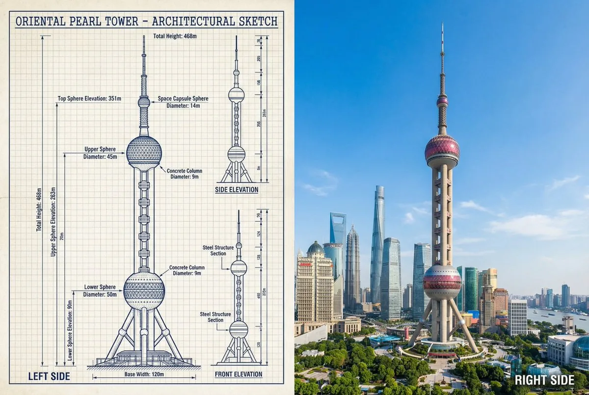 JSON Prompt for Side-by-Side Architectural Comparison of Oriental Pearl Tower - Nano Banana Pro AI Prompt for Infographic / Edu Visual reference