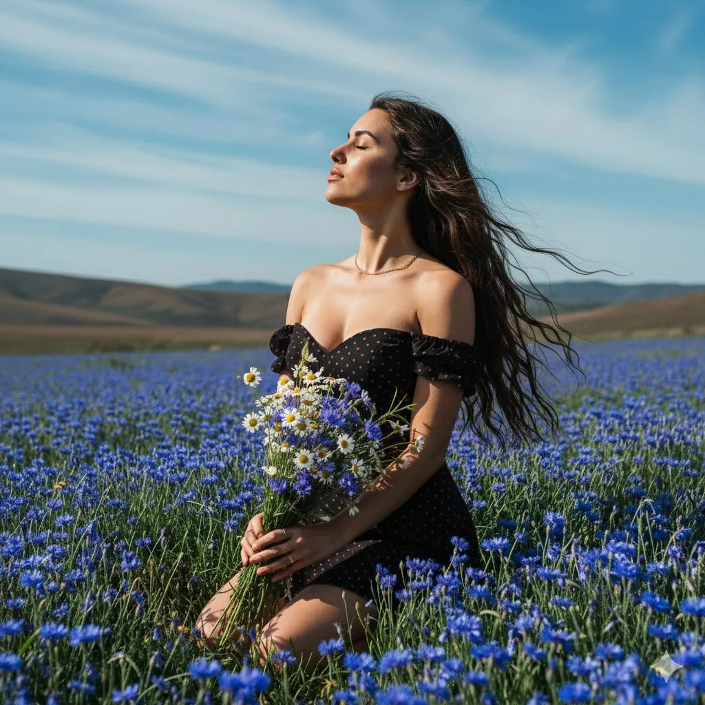 Serene Portrait of a Woman Kneeling in a Wildflower Field - Nano Banana Pro AI Prompt for Profile / Avatar reference