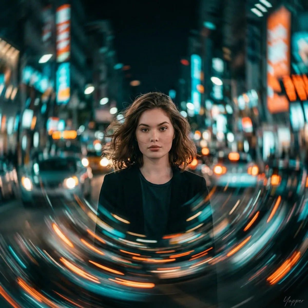 Cinematic Portrait with Motion Blur Cityscape reference