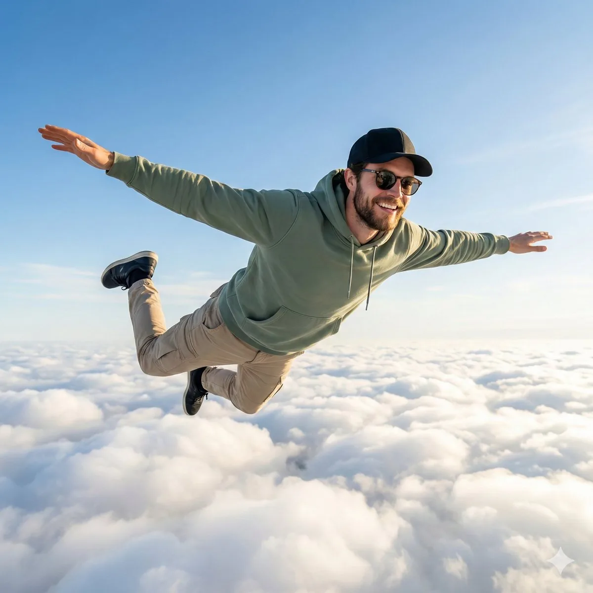 High-Quality Photo of Man Flying Above Clouds reference