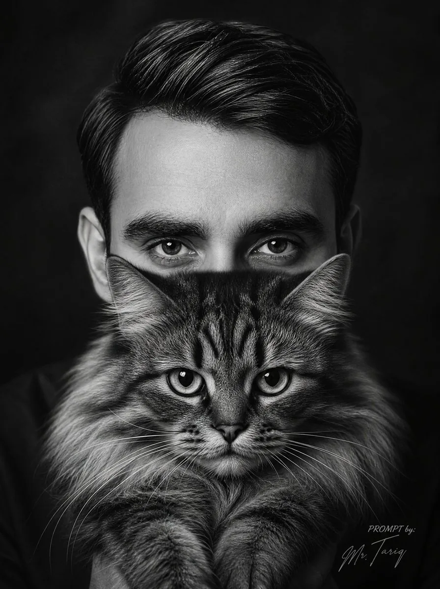 Monochrome Man Holding Cat Portrait reference