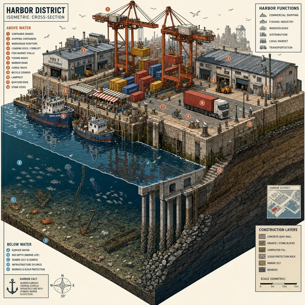 Isometric Harbor District Cross-Section reference