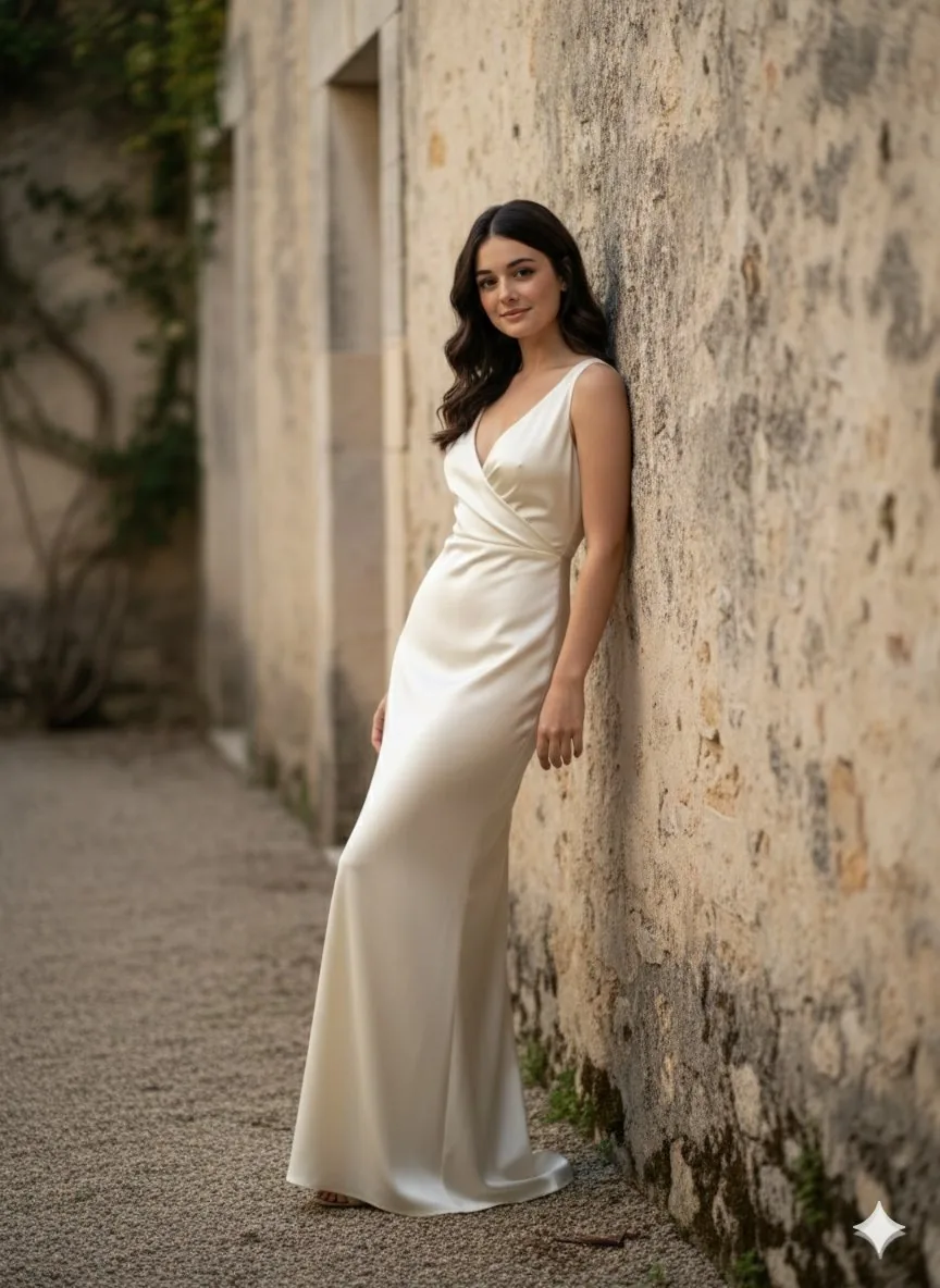 Quiet Luxury Fashion Portrait in a Courtyard Garden reference