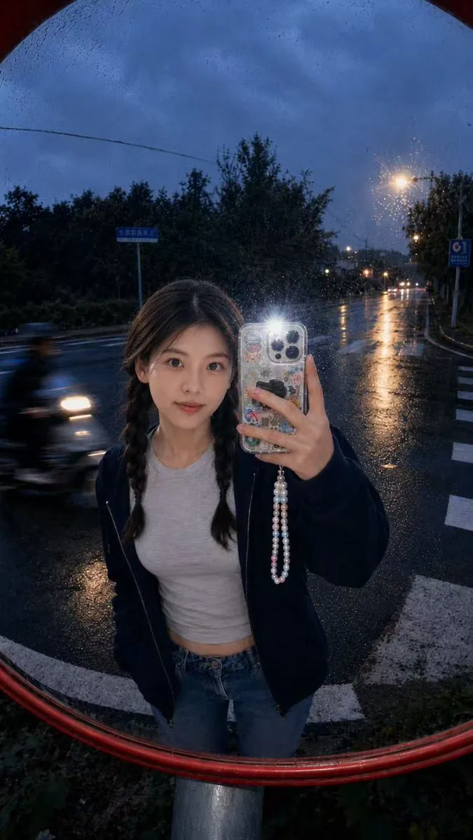 Hyper-Realistic Traffic Mirror Selfie reference