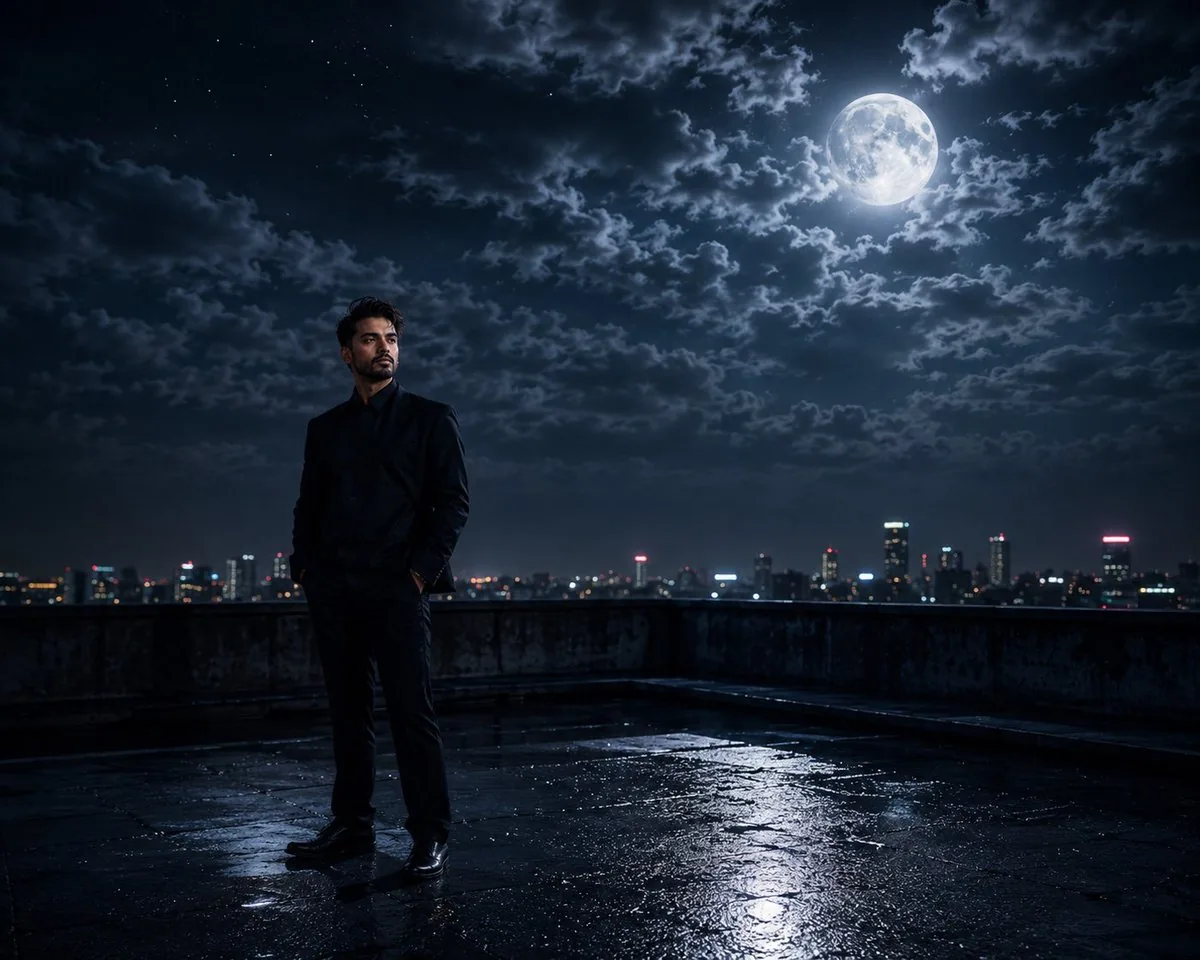 Cinematic Moonlight Rooftop Portrait Collage - Nano Banana Pro AI Prompt for Comic / Storyboard reference