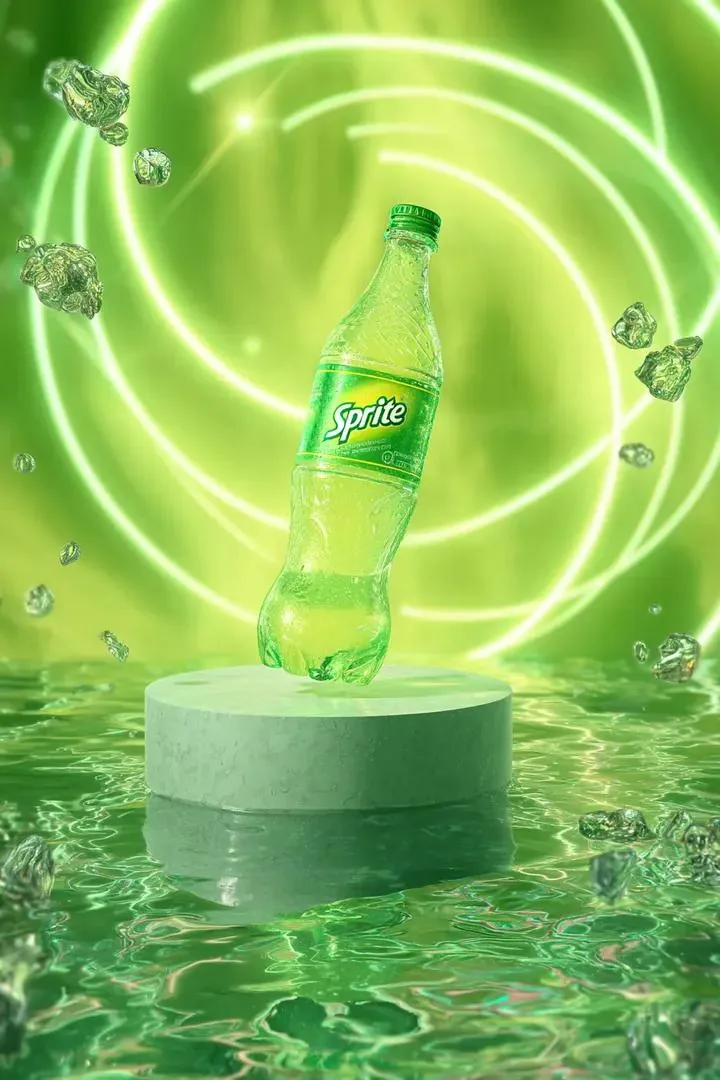 Neon Sprite Bottle Floating in Cosmic Petals reference