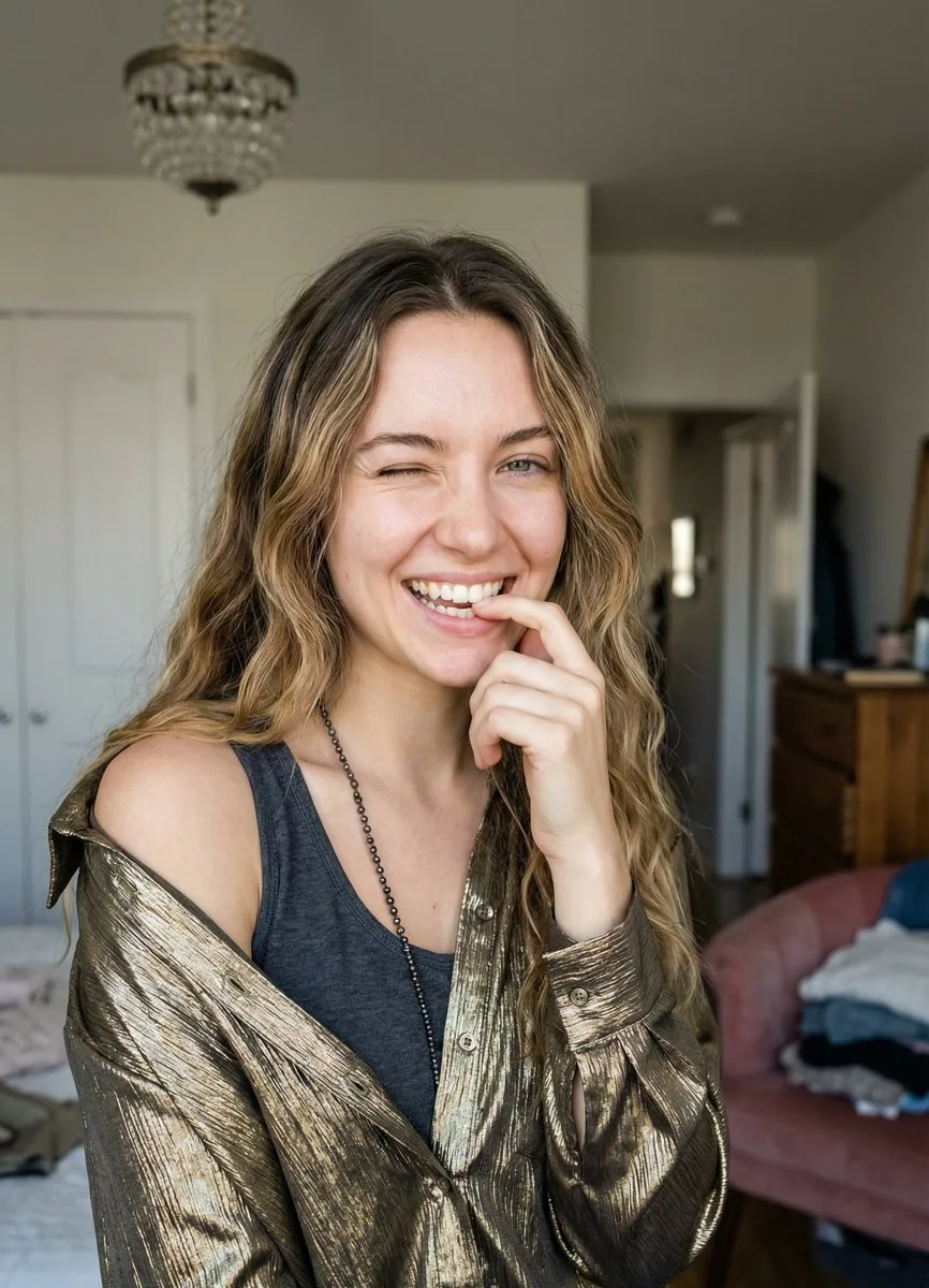 Candid Portrait of Woman Winking and Biting Finger - Nano Banana Pro AI Prompt for Social Media Post reference