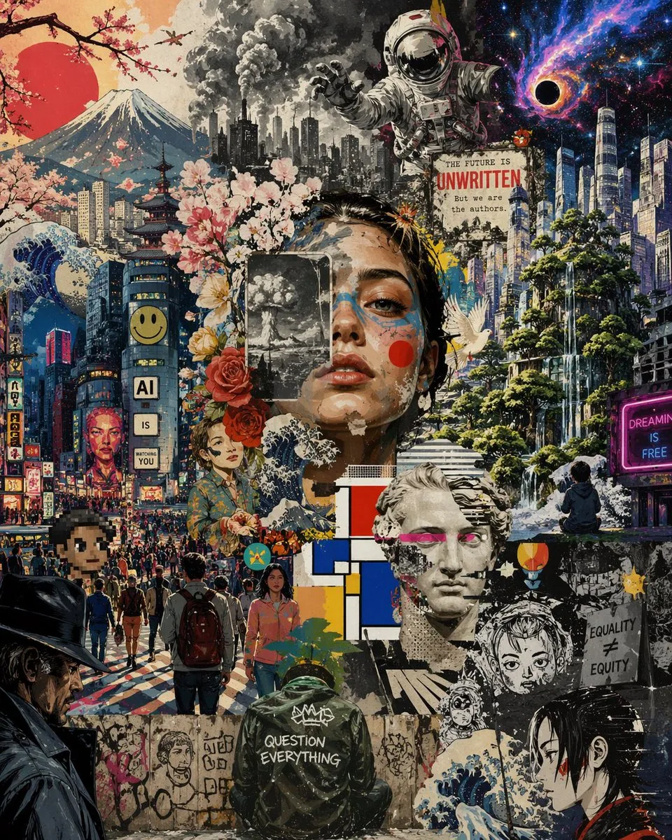 Surreal Futurist Japanese Collage Poster reference