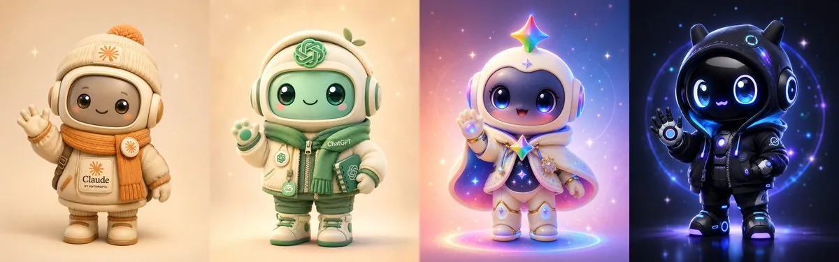 Four Chibi AI Mascot Robots reference