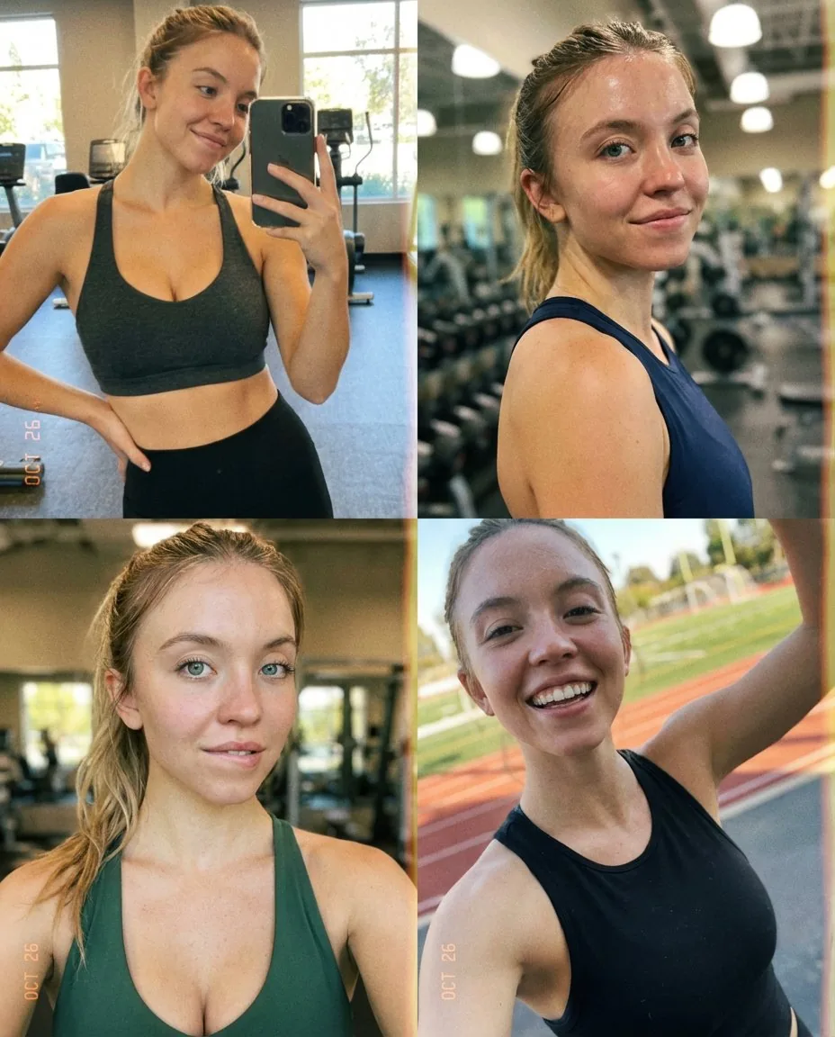 Sydney Sweeney Sports Selfie Collage Prompt - Nano Banana Pro AI Prompt for Social Media Post reference