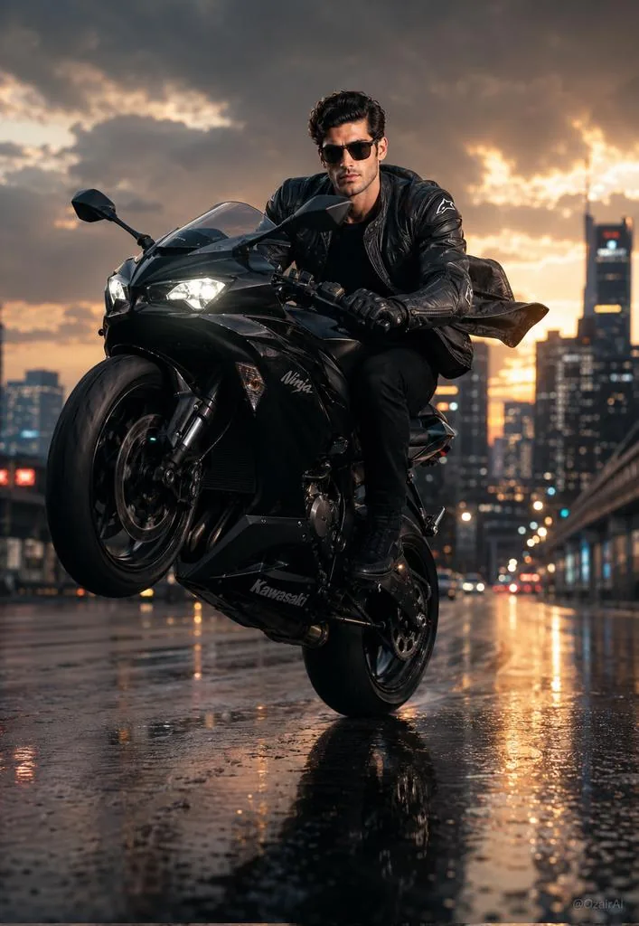 Hyper-Realistic Biker Wheelie Portrait reference