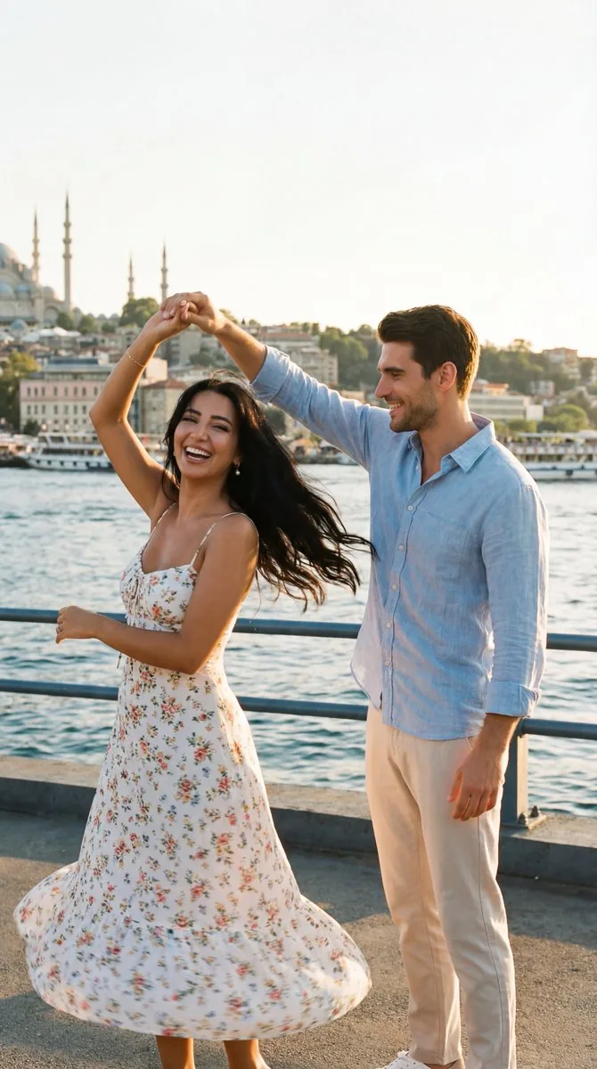 Cinematic Romance: Couple Dancing at Istanbul Sunset - Nano Banana Pro AI Prompt for Social Media Post reference