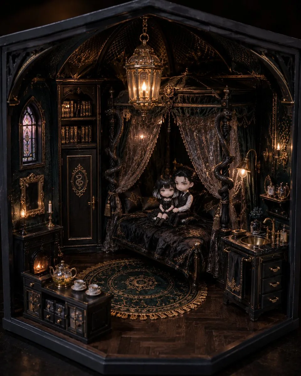 Gothic Miniature Dollhouse Bedroom reference
