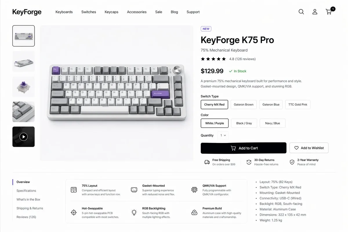 Mechanical Keyboard Product Page Mockup reference