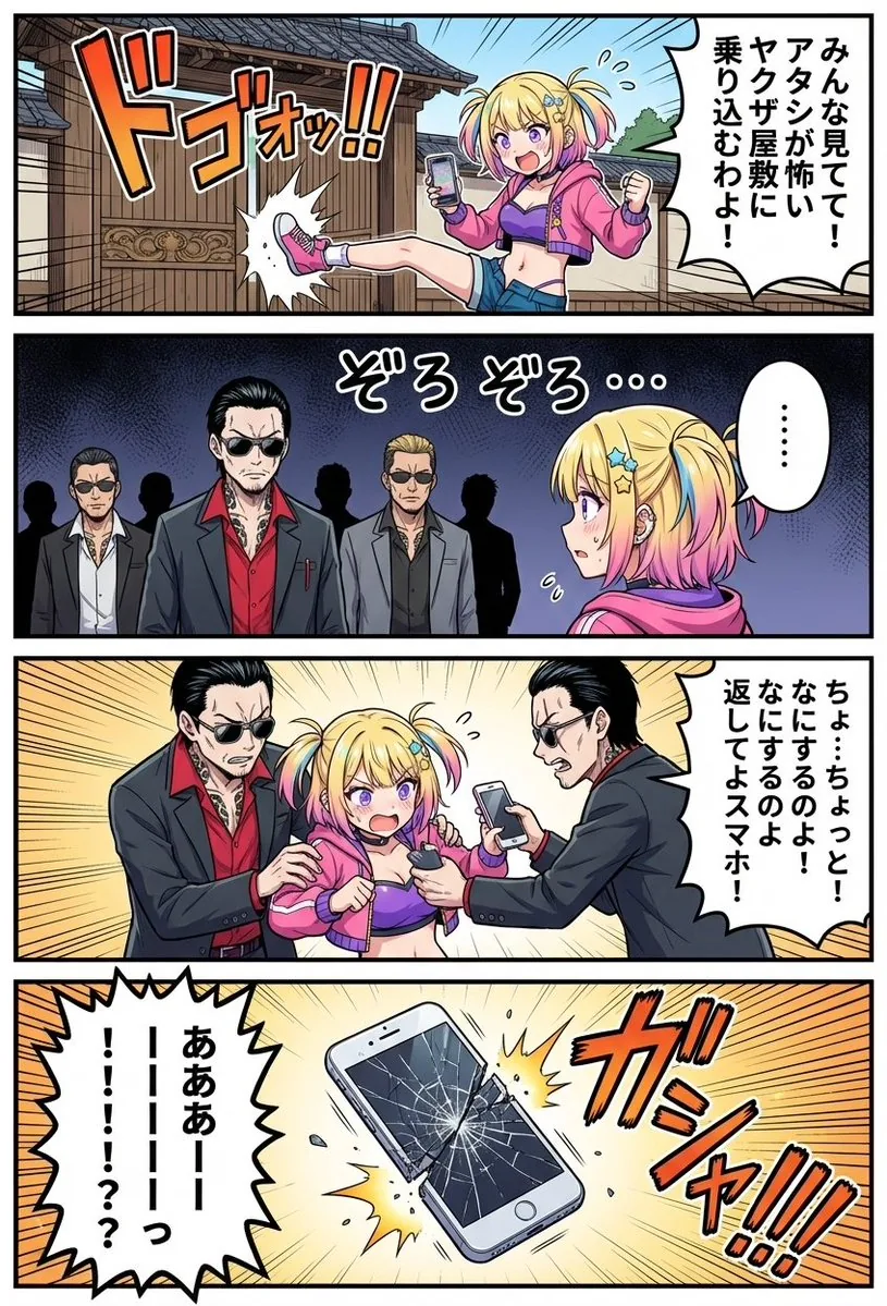 4‑panel manga of a girl streaming from a yakuza mansion reference