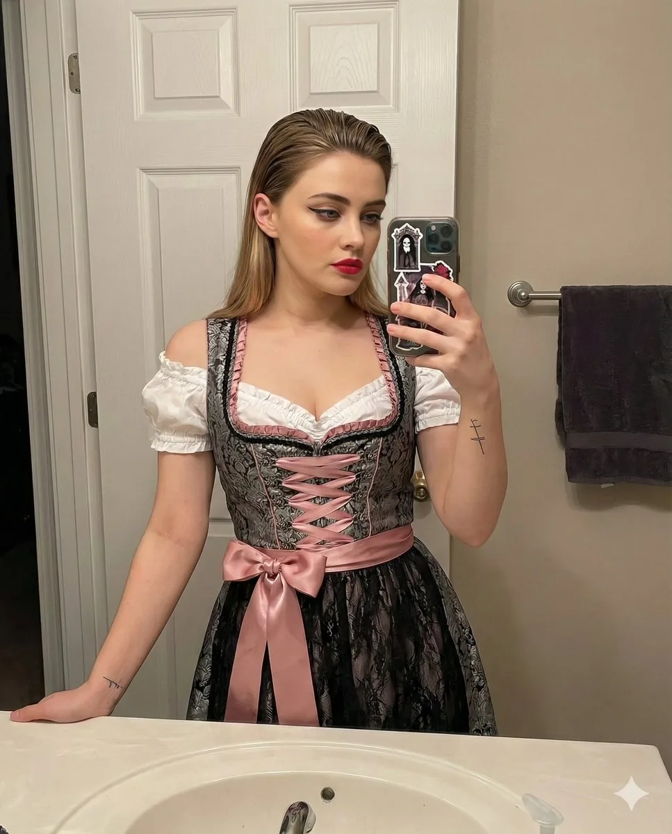 Coquette Goth Dirndl Mirror Selfie - Nano Banana Pro AI Prompt for Social Media Post reference