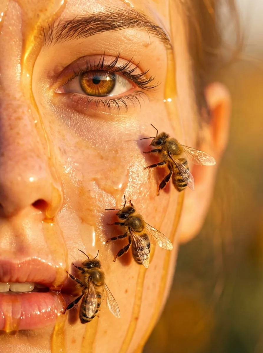 Hyper-real honey-covered woman with bees close-up reference