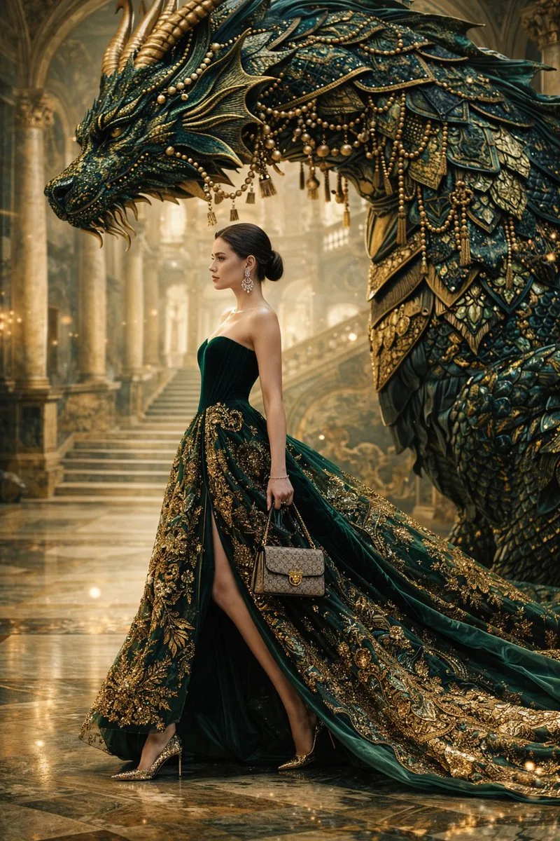 Couture Woman and Colossal Dragon in Renaissance Palace - Nano Banana Pro AI Prompt for Product Marketing reference