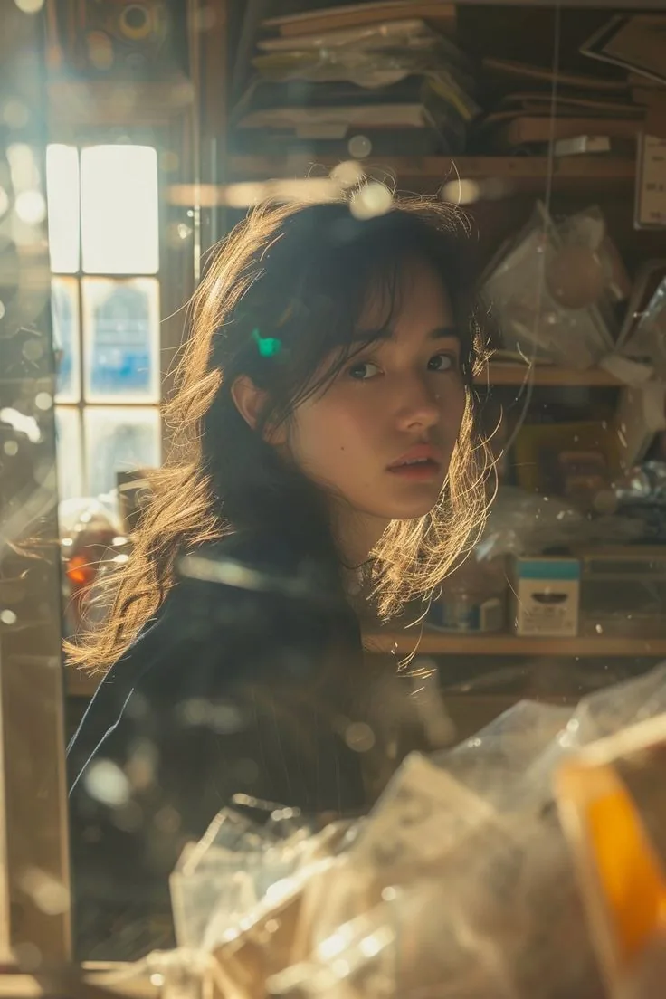 Cinematic Portrait of an East Asian Woman in a Cluttered Interior reference